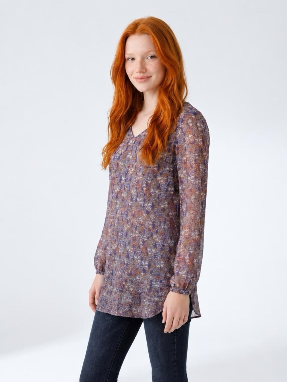 Cabi Tapestry Blouse Semi Sheer Double Layer Tunic Top Blue Orange Size XS